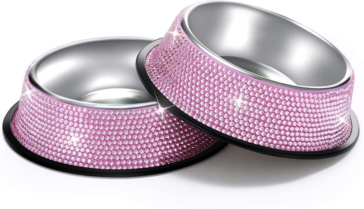 Bling Dog Bowls Pink, 640ML Handmade Bling Rhinestones Stainless... — image 1 — Pets Paradise Global Australia